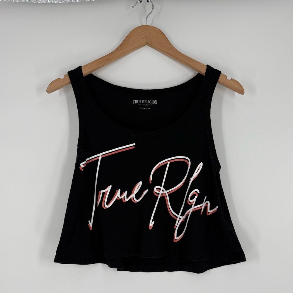 True Religion Script TRLGN Logo Cropped Tank Top in Black | Small